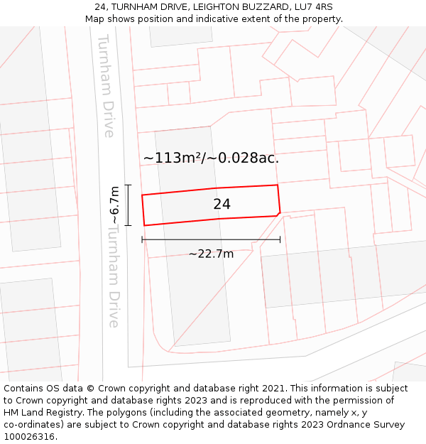 24, TURNHAM DRIVE, LEIGHTON BUZZARD, LU7 4RS: Plot and title map