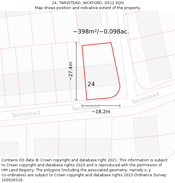 24, TWINSTEAD, WICKFORD, SS12 9QN: Plot and title map