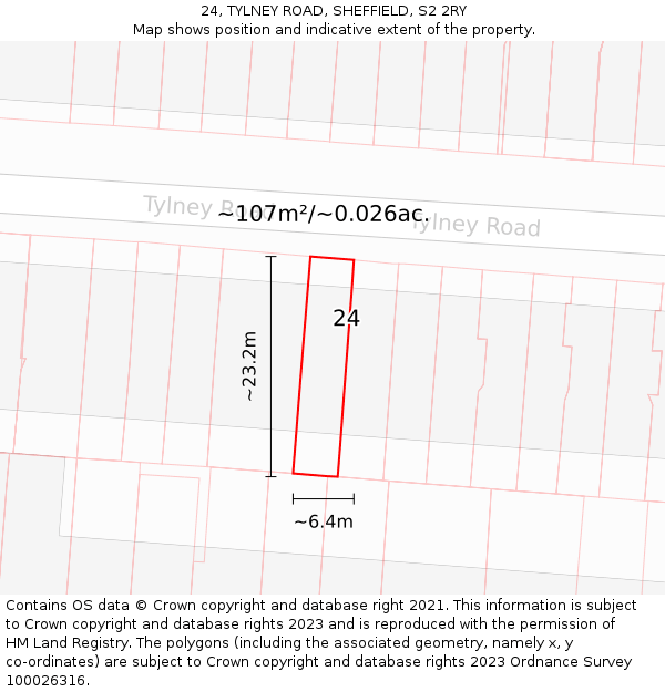 24, TYLNEY ROAD, SHEFFIELD, S2 2RY: Plot and title map