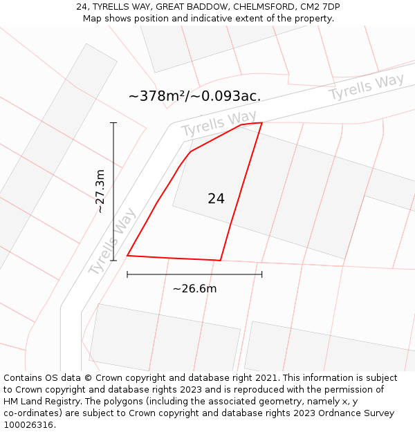 24, TYRELLS WAY, GREAT BADDOW, CHELMSFORD, CM2 7DP: Plot and title map