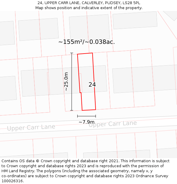 24, UPPER CARR LANE, CALVERLEY, PUDSEY, LS28 5PL: Plot and title map
