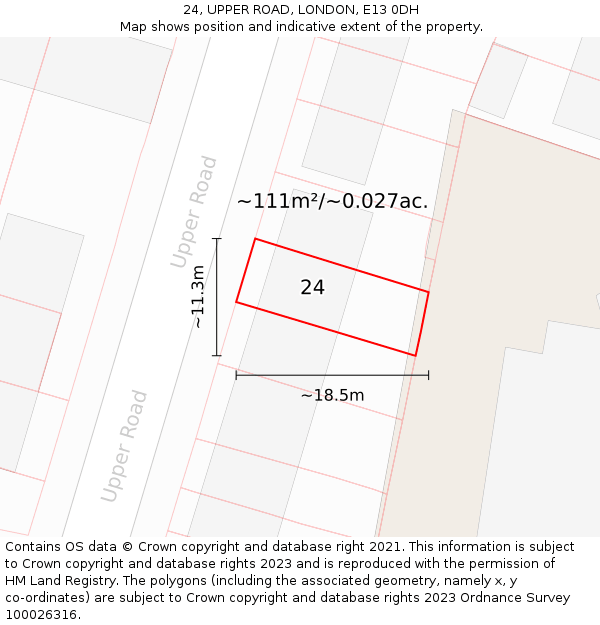 24, UPPER ROAD, LONDON, E13 0DH: Plot and title map