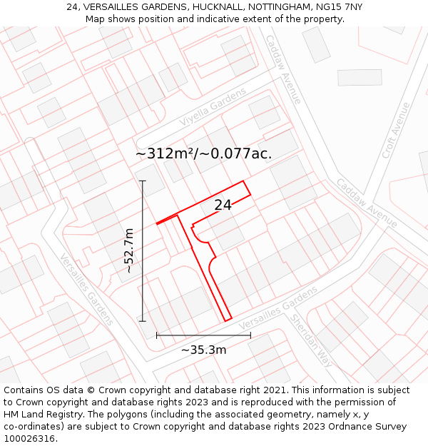 24, VERSAILLES GARDENS, HUCKNALL, NOTTINGHAM, NG15 7NY: Plot and title map