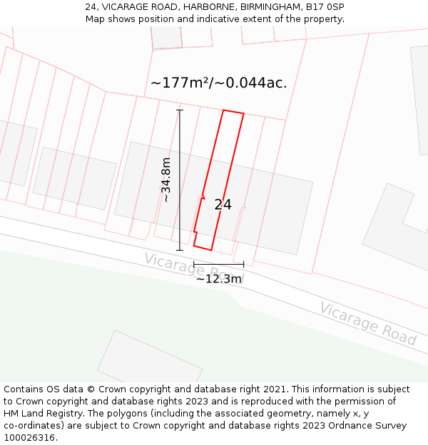 24, VICARAGE ROAD, HARBORNE, BIRMINGHAM, B17 0SP: Plot and title map