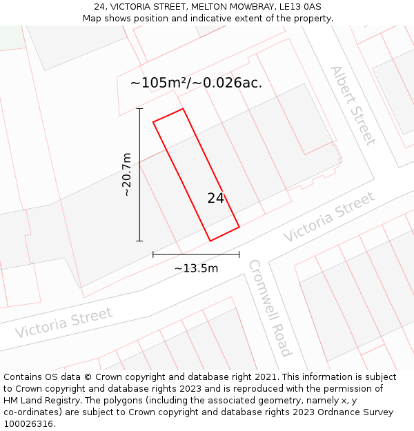 24, VICTORIA STREET, MELTON MOWBRAY, LE13 0AS: Plot and title map