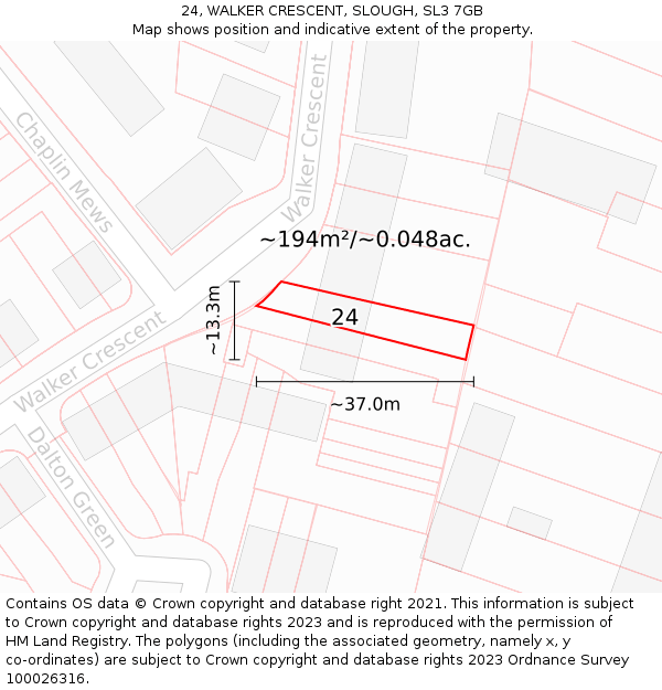 24, WALKER CRESCENT, SLOUGH, SL3 7GB: Plot and title map