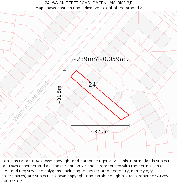 24, WALNUT TREE ROAD, DAGENHAM, RM8 3JB: Plot and title map
