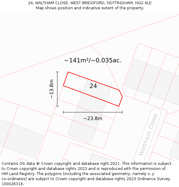 24, WALTHAM CLOSE, WEST BRIDGFORD, NOTTINGHAM, NG2 6LE: Plot and title map