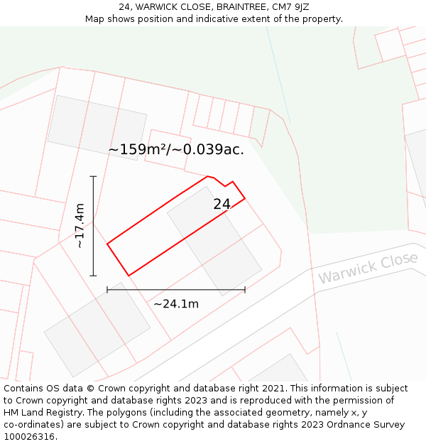 24, WARWICK CLOSE, BRAINTREE, CM7 9JZ: Plot and title map