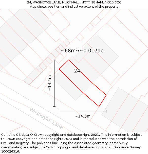 24, WASHDYKE LANE, HUCKNALL, NOTTINGHAM, NG15 6QQ: Plot and title map