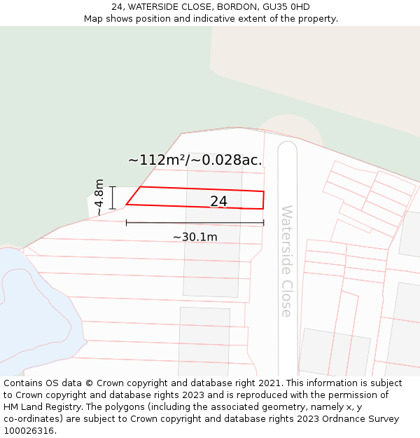 24, WATERSIDE CLOSE, BORDON, GU35 0HD: Plot and title map