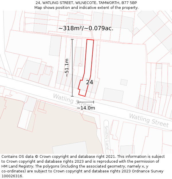 24, WATLING STREET, WILNECOTE, TAMWORTH, B77 5BP: Plot and title map