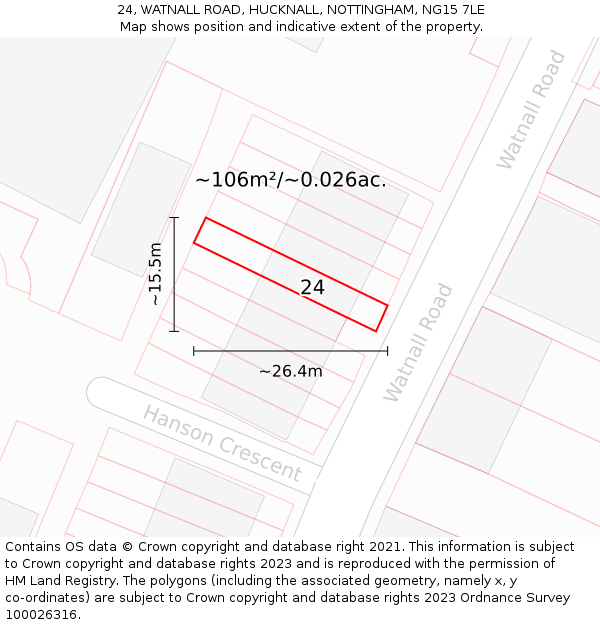 24, WATNALL ROAD, HUCKNALL, NOTTINGHAM, NG15 7LE: Plot and title map