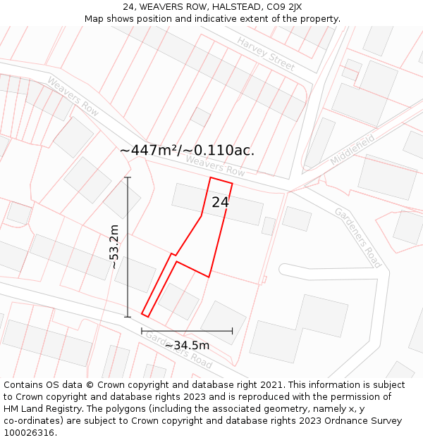 24, WEAVERS ROW, HALSTEAD, CO9 2JX: Plot and title map