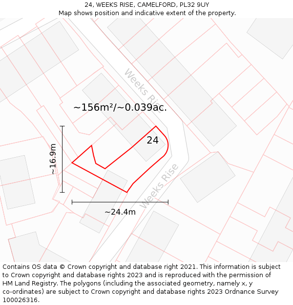 24, WEEKS RISE, CAMELFORD, PL32 9UY: Plot and title map
