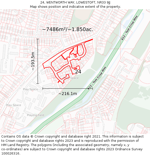 24, WENTWORTH WAY, LOWESTOFT, NR33 9JJ: Plot and title map