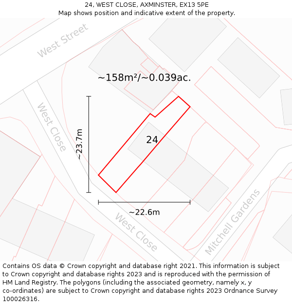 24, WEST CLOSE, AXMINSTER, EX13 5PE: Plot and title map
