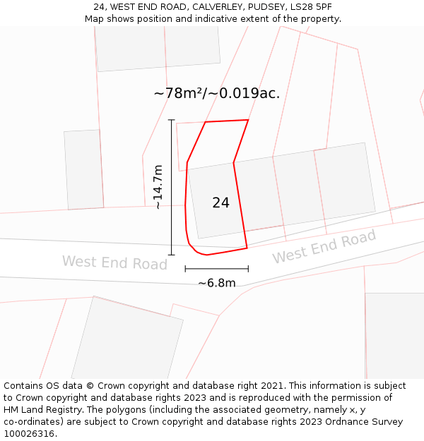24, WEST END ROAD, CALVERLEY, PUDSEY, LS28 5PF: Plot and title map