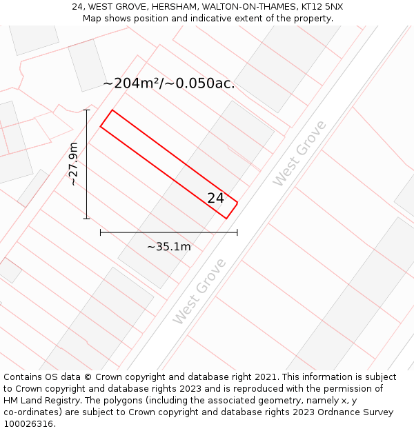 24, WEST GROVE, HERSHAM, WALTON-ON-THAMES, KT12 5NX: Plot and title map