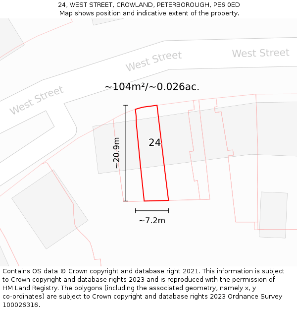 24, WEST STREET, CROWLAND, PETERBOROUGH, PE6 0ED: Plot and title map