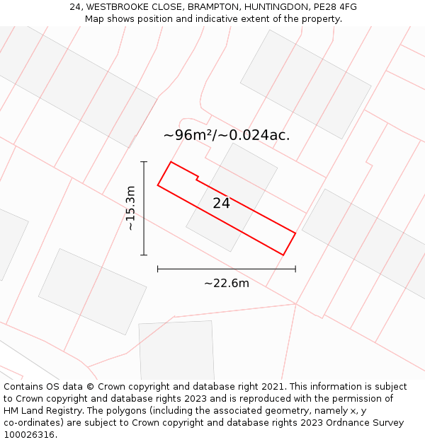 24, WESTBROOKE CLOSE, BRAMPTON, HUNTINGDON, PE28 4FG: Plot and title map