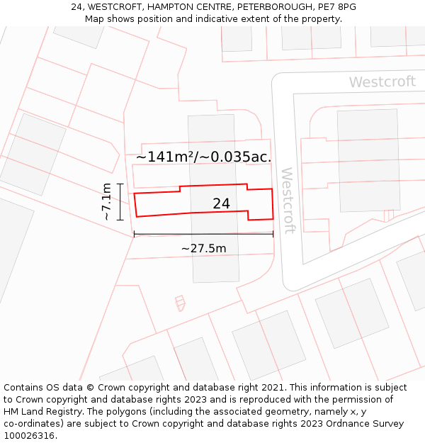 24, WESTCROFT, HAMPTON CENTRE, PETERBOROUGH, PE7 8PG: Plot and title map