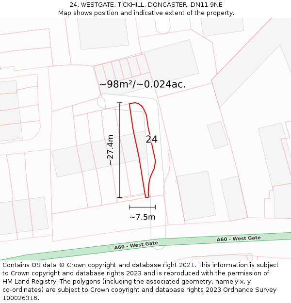 24, WESTGATE, TICKHILL, DONCASTER, DN11 9NE: Plot and title map