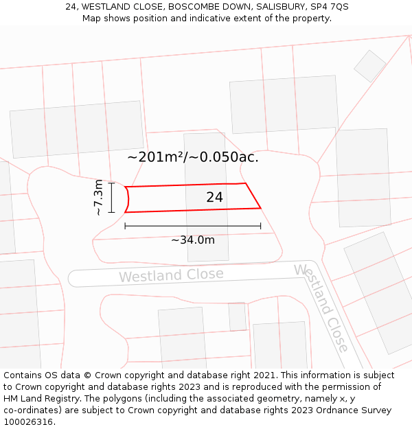 24, WESTLAND CLOSE, BOSCOMBE DOWN, SALISBURY, SP4 7QS: Plot and title map