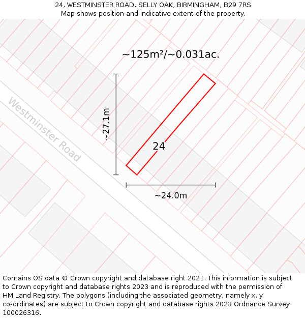 24, WESTMINSTER ROAD, SELLY OAK, BIRMINGHAM, B29 7RS: Plot and title map