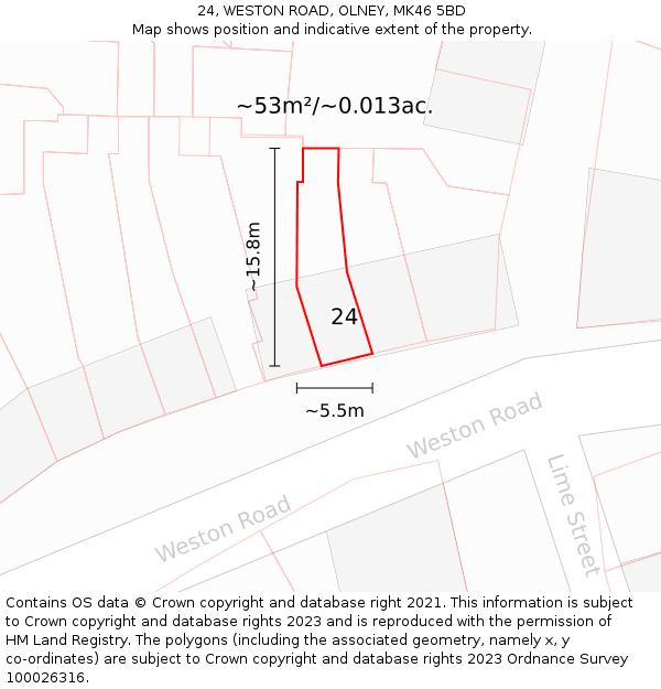 24, WESTON ROAD, OLNEY, MK46 5BD: Plot and title map