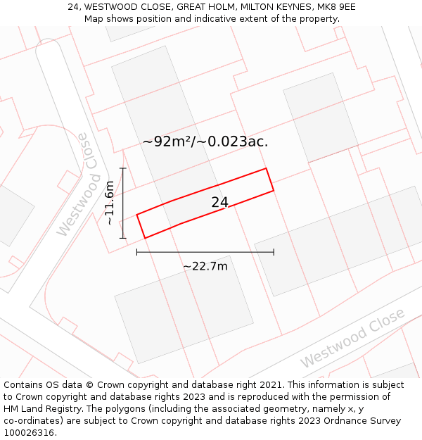 24, WESTWOOD CLOSE, GREAT HOLM, MILTON KEYNES, MK8 9EE: Plot and title map