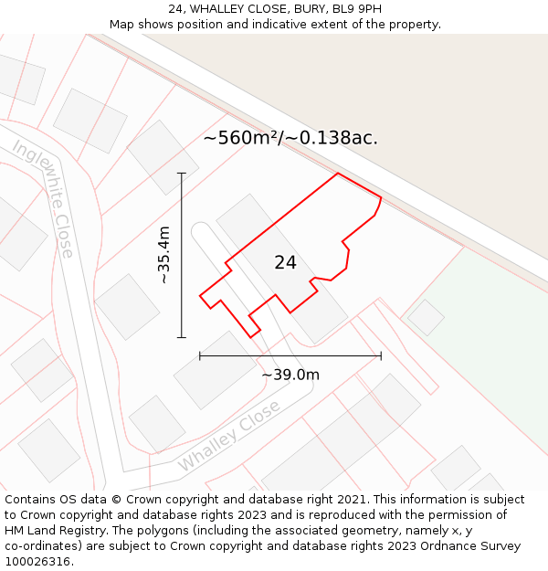 24, WHALLEY CLOSE, BURY, BL9 9PH: Plot and title map