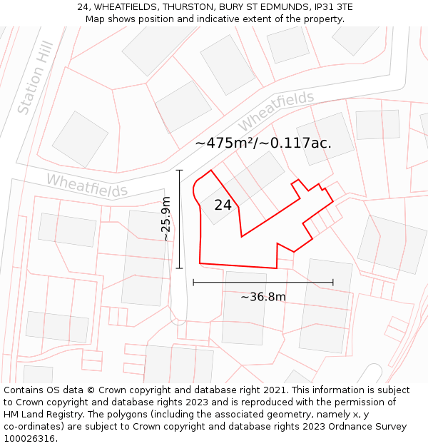 24, WHEATFIELDS, THURSTON, BURY ST EDMUNDS, IP31 3TE: Plot and title map