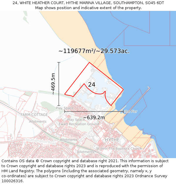 24, WHITE HEATHER COURT, HYTHE MARINA VILLAGE, SOUTHAMPTON, SO45 6DT: Plot and title map