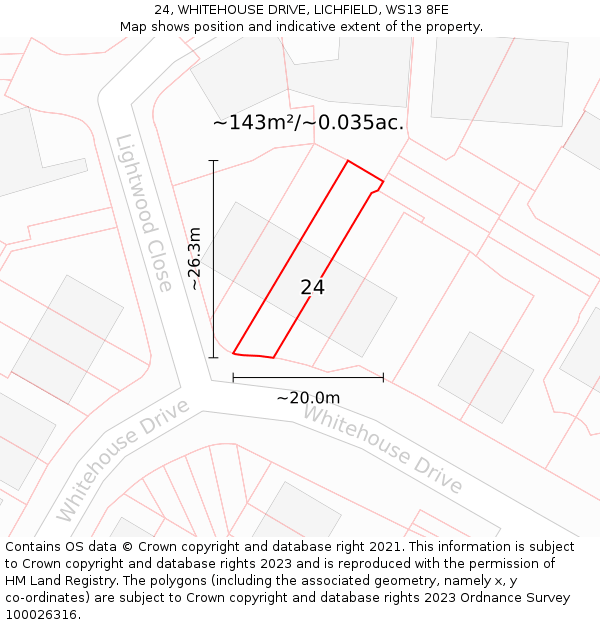 24, WHITEHOUSE DRIVE, LICHFIELD, WS13 8FE: Plot and title map