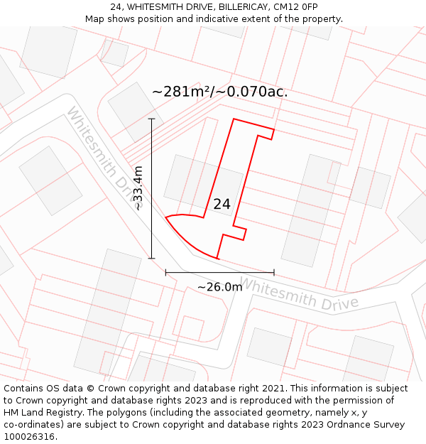 24, WHITESMITH DRIVE, BILLERICAY, CM12 0FP: Plot and title map