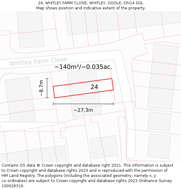 24, WHITLEY FARM CLOSE, WHITLEY, GOOLE, DN14 0GL: Plot and title map