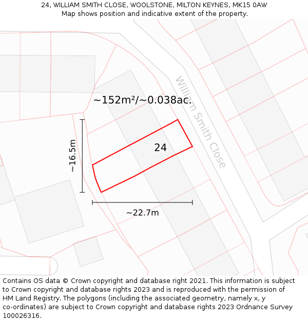 24, WILLIAM SMITH CLOSE, WOOLSTONE, MILTON KEYNES, MK15 0AW: Plot and title map