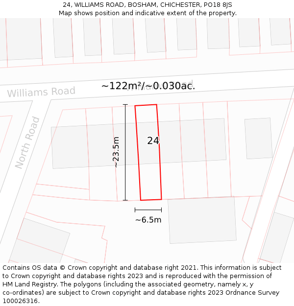 24, WILLIAMS ROAD, BOSHAM, CHICHESTER, PO18 8JS: Plot and title map