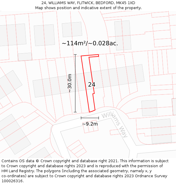 24, WILLIAMS WAY, FLITWICK, BEDFORD, MK45 1XD: Plot and title map