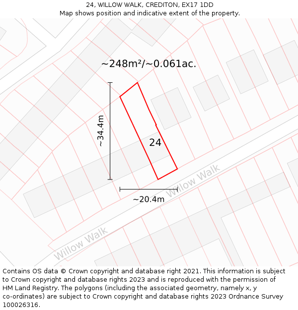 24, WILLOW WALK, CREDITON, EX17 1DD: Plot and title map