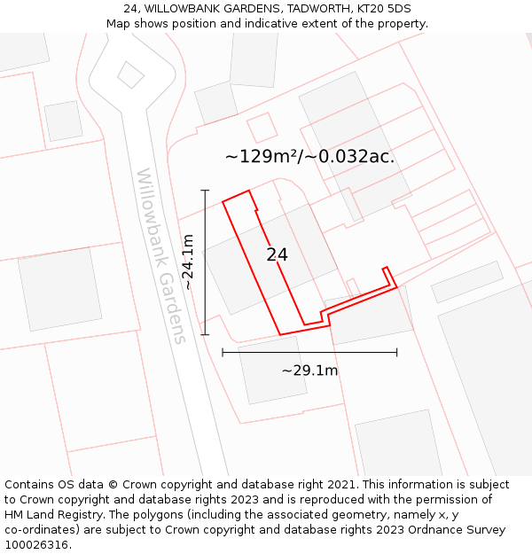 24, WILLOWBANK GARDENS, TADWORTH, KT20 5DS: Plot and title map