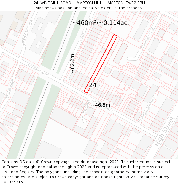 24, WINDMILL ROAD, HAMPTON HILL, HAMPTON, TW12 1RH: Plot and title map