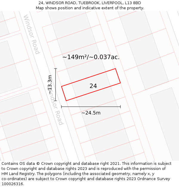 24, WINDSOR ROAD, TUEBROOK, LIVERPOOL, L13 8BD: Plot and title map