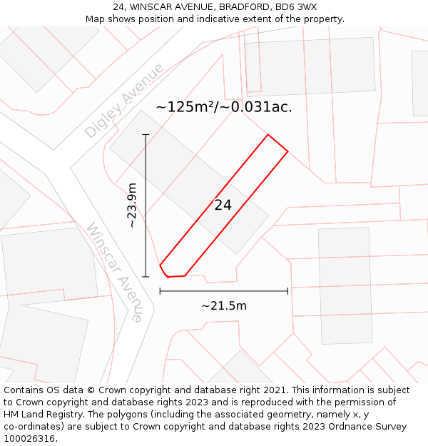 24, WINSCAR AVENUE, BRADFORD, BD6 3WX: Plot and title map