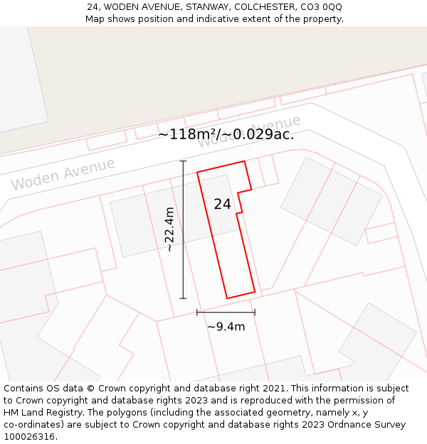 24, WODEN AVENUE, STANWAY, COLCHESTER, CO3 0QQ: Plot and title map
