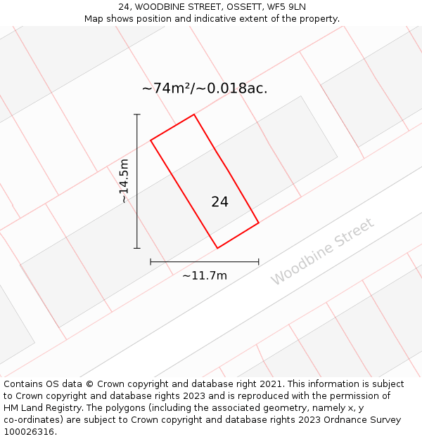 24, WOODBINE STREET, OSSETT, WF5 9LN: Plot and title map