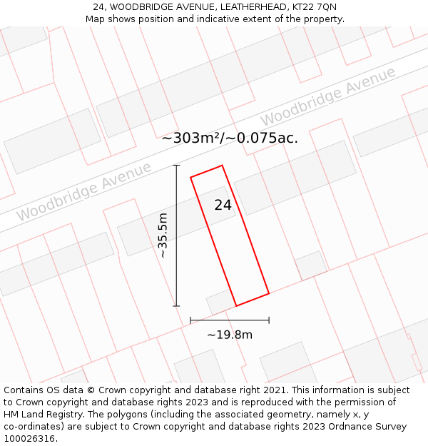 24, WOODBRIDGE AVENUE, LEATHERHEAD, KT22 7QN: Plot and title map