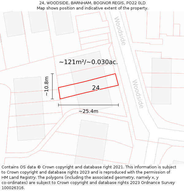 24, WOODSIDE, BARNHAM, BOGNOR REGIS, PO22 0LD: Plot and title map