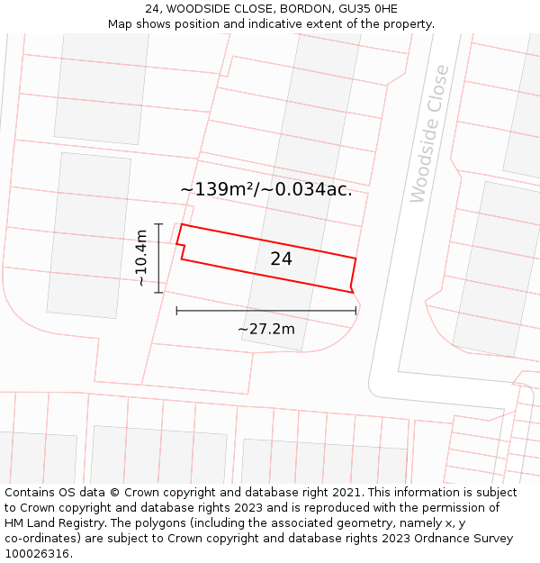 24, WOODSIDE CLOSE, BORDON, GU35 0HE: Plot and title map